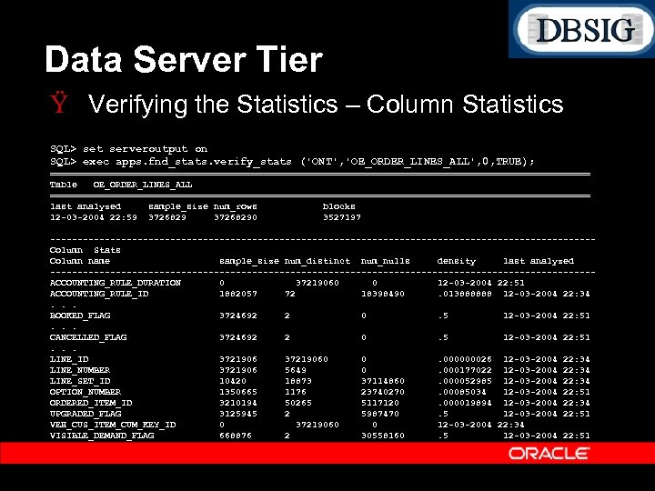 Data Server Tier Ÿ Verifying the Statistics – Column Statistics SQL> set serveroutput on