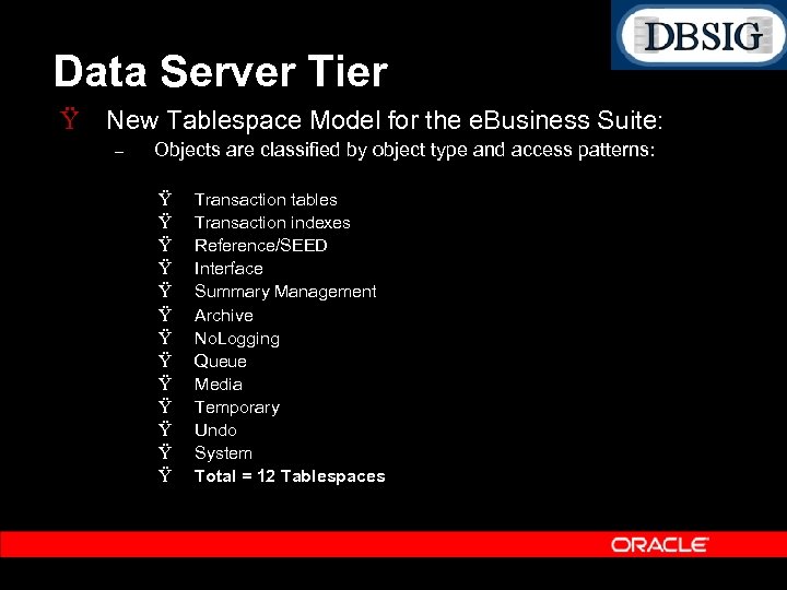 Data Server Tier Ÿ New Tablespace Model for the e. Business Suite: – Objects