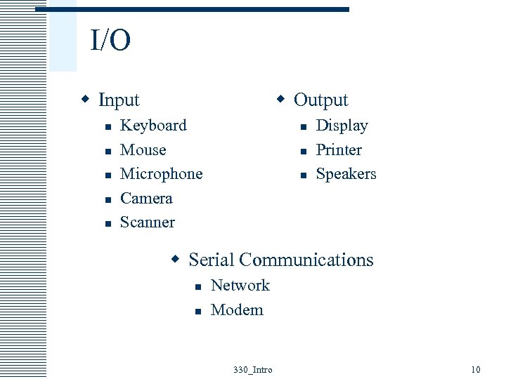 I/O w Input n n n w Output Keyboard Mouse Microphone Camera Scanner n