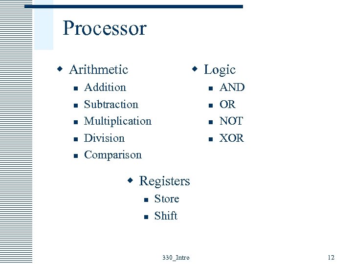 Processor w Arithmetic n n n w Logic Addition Subtraction Multiplication Division Comparison n