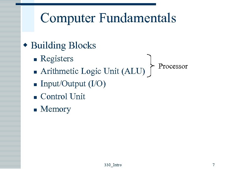 Computer Fundamentals w Building Blocks n n n Registers Arithmetic Logic Unit (ALU) Input/Output