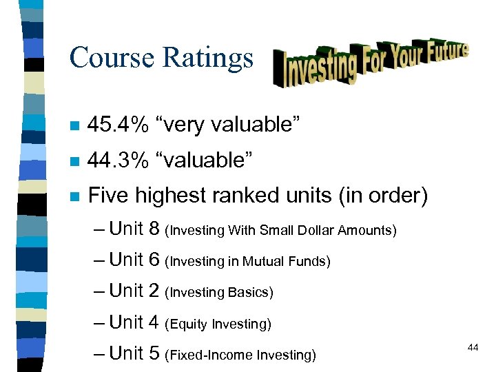 Course Ratings n 45. 4% “very valuable” n 44. 3% “valuable” n Five highest