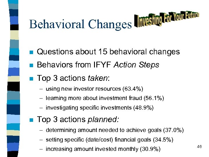 Behavioral Changes n Questions about 15 behavioral changes n Behaviors from IFYF Action Steps