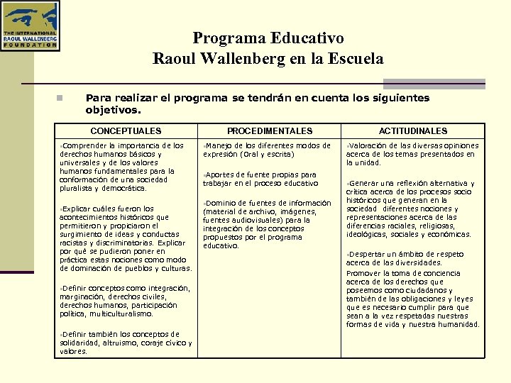 Programa Educativo Raoul Wallenberg en la Escuela n Para realizar el programa se tendrán