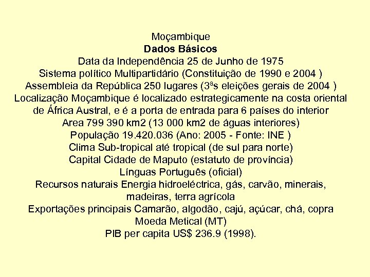 Moçambique Dados Básicos Data da Independência 25 de Junho de 1975 Sistema político Multipartidário