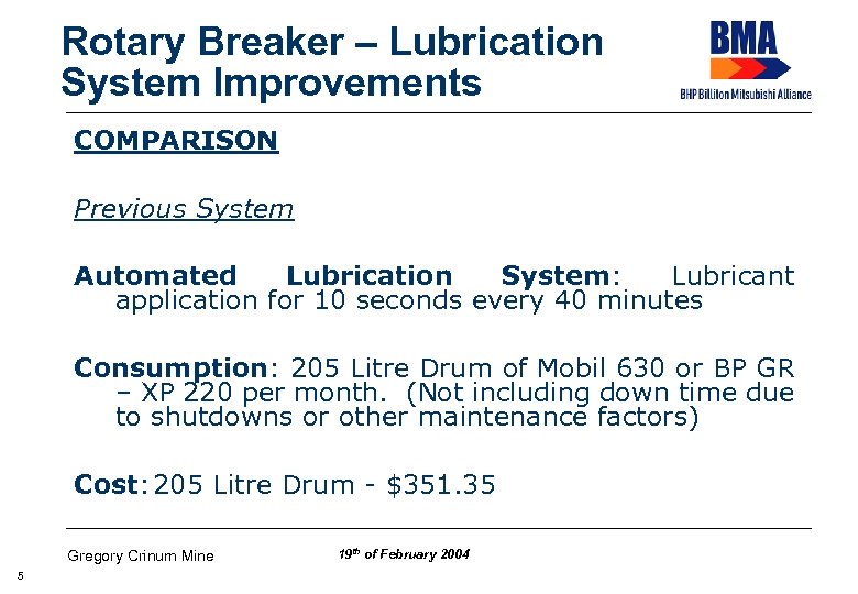 Rotary Breaker – Lubrication System Improvements COMPARISON Previous System Automated Lubrication System: Lubricant application