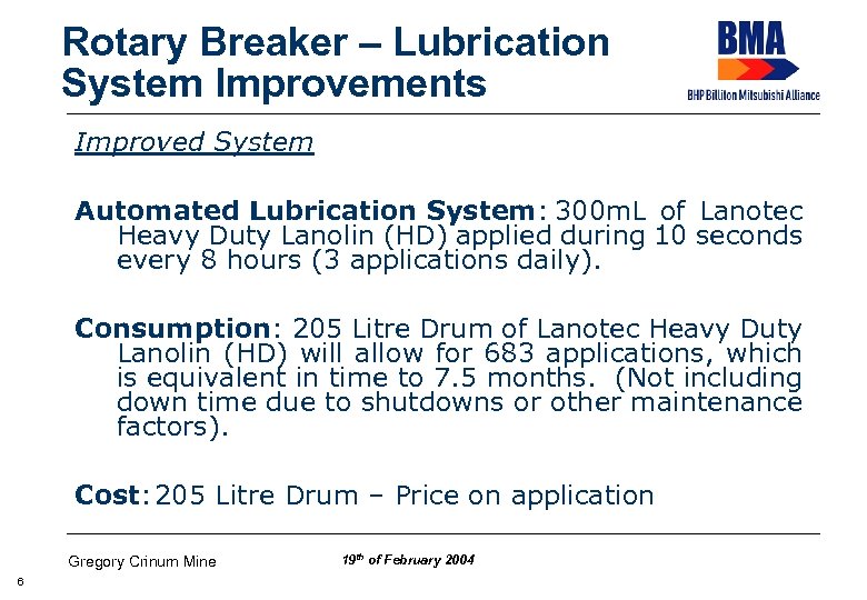 Rotary Breaker – Lubrication System Improvements Improved System Automated Lubrication System: 300 m. L