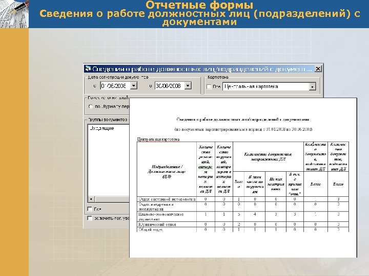 Отчетные формы Сведения о работе должностных лиц (подразделений) с документами 