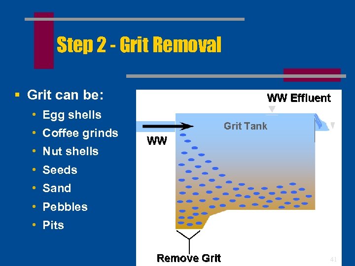 Step 2 - Grit Removal § Grit can be: • • Egg shells Coffee