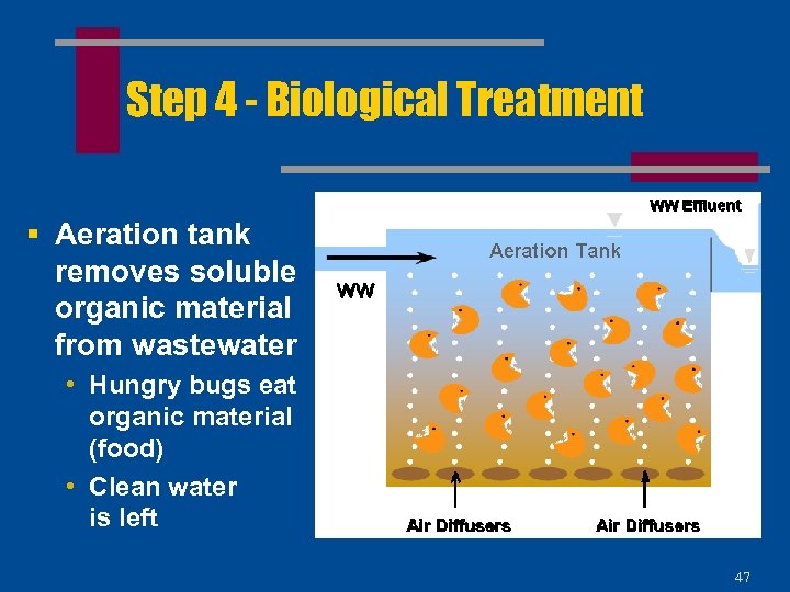 Step 4 - Biological Treatment § Aeration tank removes soluble organic material from wastewater
