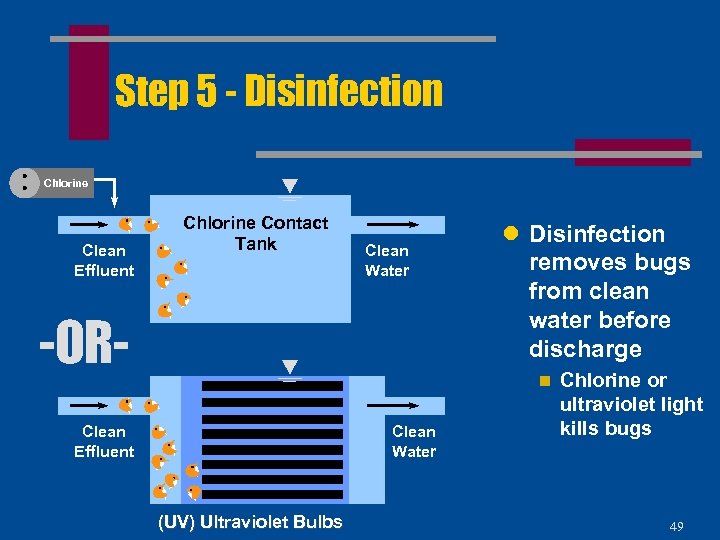 Step 5 - Disinfection Chlorine Clean Effluent Chlorine Contact Tank Clean Water -OR- l