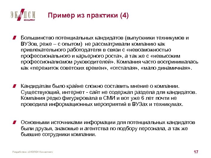 Пример из практики (4) Большинство потенциальных кандидатов (выпускники техникумов и ВУЗов, реже – с