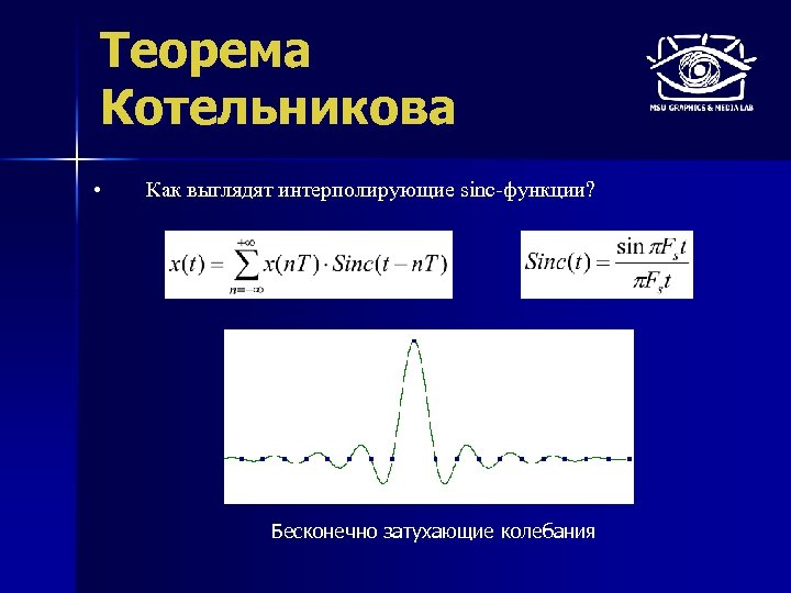 Теорема Котельникова • Как выглядят интерполирующие sinc-функции? Бесконечно затухающие колебания 
