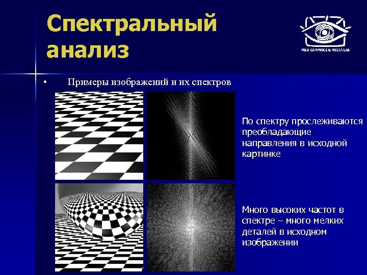 Спектральный анализ • Примеры изображений и их спектров По спектру прослеживаются преобладающие направления в