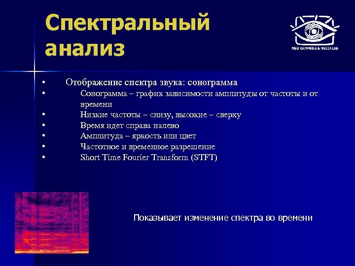 Спектральный анализ • • Отображение спектра звука: сонограмма Сонограмма – график зависимости амплитуды от