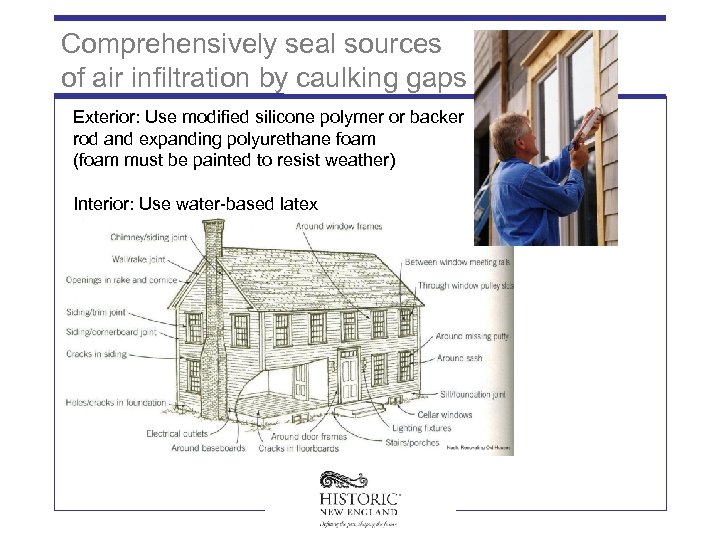 Comprehensively seal sources of air infiltration by caulking gaps Exterior: Use modified silicone polymer