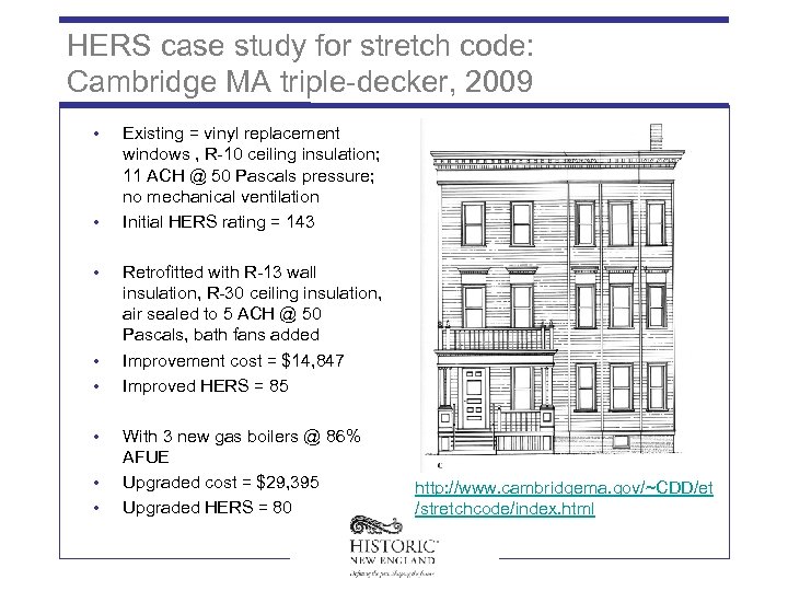 HERS case study for stretch code: Cambridge MA triple-decker, 2009 • • Existing =