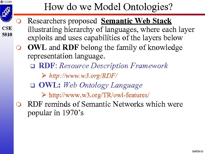 How do we Model Ontologies? m CSE 5810 m Researchers proposed Semantic Web Stack