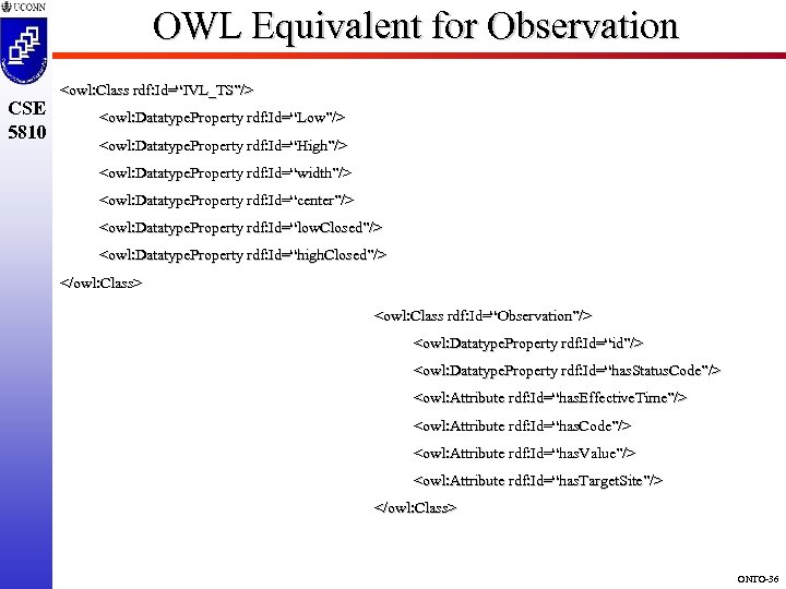 OWL Equivalent for Observation CSE 5810 <owl: Class rdf: Id=“IVL_TS”/> <owl: Datatype. Property rdf: