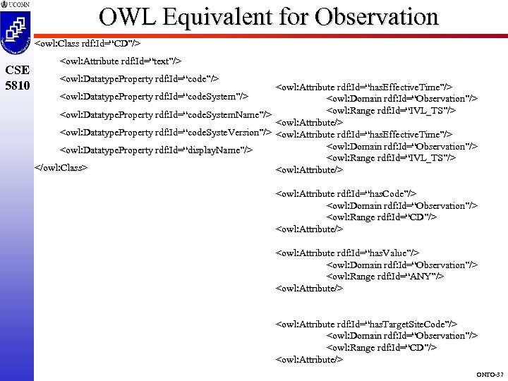 OWL Equivalent for Observation <owl: Class rdf: Id=“CD”/> CSE 5810 <owl: Attribute rdf: Id=“text”/>