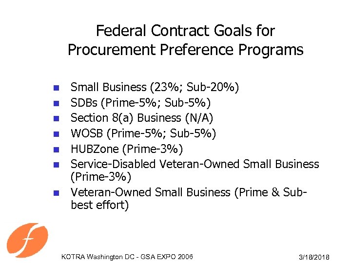 Federal Contract Goals for Procurement Preference Programs n n n n Small Business (23%;