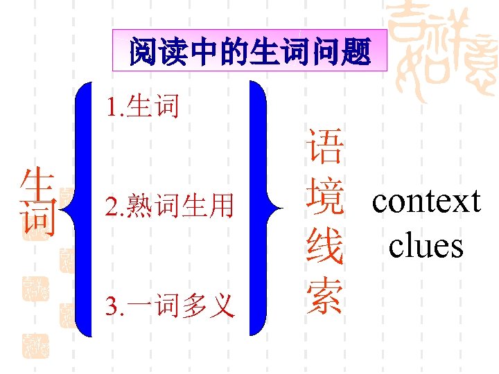 阅读中的生词问题 1. 生词 生 词 2. 熟词生用 3. 一词多义 语 境 context 线 clues