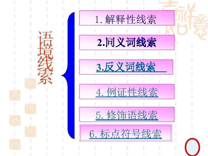 1. 解释性线索 语 境 线 索 2. 同义词线索　 3. 反义词线索　 4. 例证性线索 5. 修饰语线索