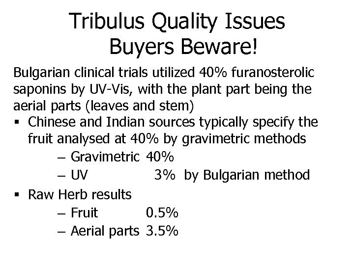 Tribulus Quality Issues Buyers Beware! Bulgarian clinical trials utilized 40% furanosterolic saponins by UV-Vis,