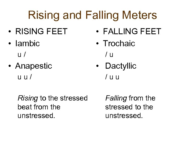Rising and Falling Meters • RISING FEET • Iambic u / • Anapestic •