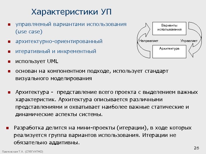 Характеристики УП n управляемый вариантами использования (use case) n архитектурно-ориентированный n итеративный и инкрементный