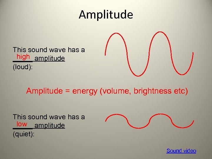 Amplitude This sound wave has a high _____ amplitude (loud): Amplitude = energy (volume,