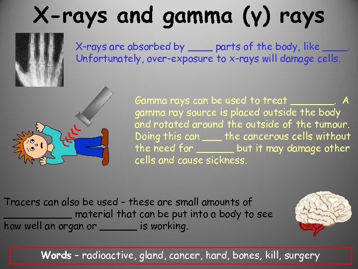 X-rays and gamma (γ) rays X-rays are absorbed by ____ parts of the body,