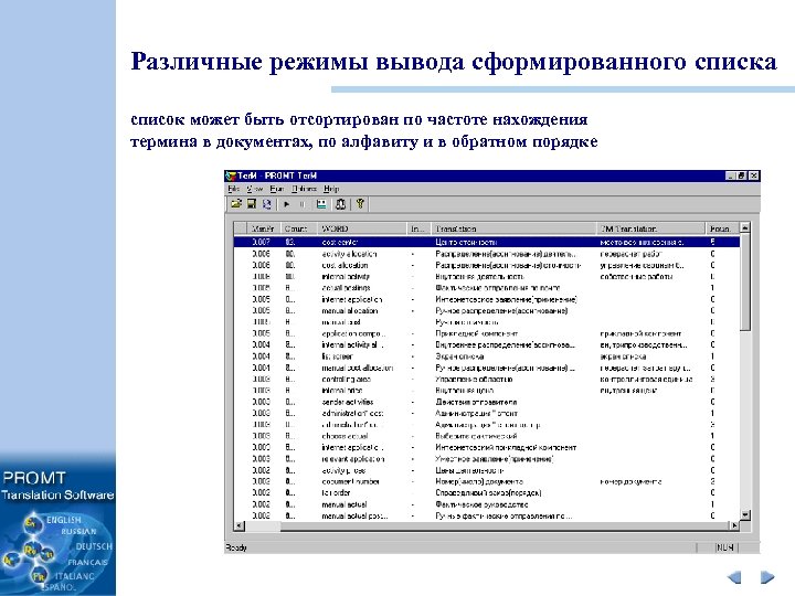 Различные режимы вывода сформированного списка список может быть отсортирован по частоте нахождения термина в