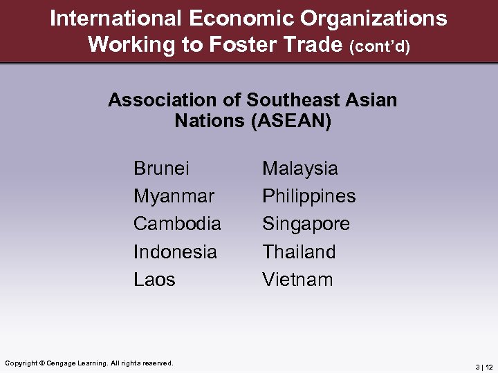 International Economic Organizations Working to Foster Trade (cont’d) Association of Southeast Asian Nations (ASEAN)