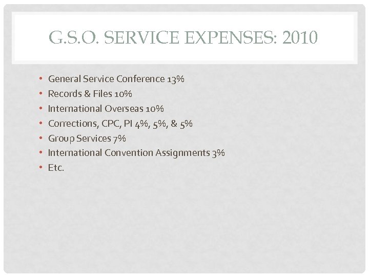 G. S. O. SERVICE EXPENSES: 2010 • • General Service Conference 13% Records &
