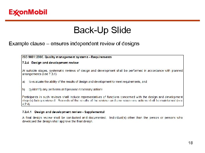 Back-Up Slide Example clause – ensures independent review of designs 18 