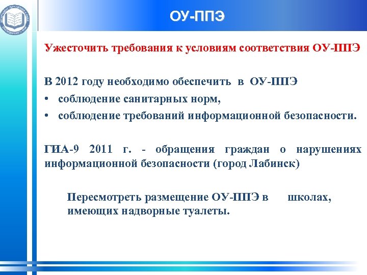 ОУ-ППЭ Ужесточить требования к условиям соответствия ОУ-ППЭ В 2012 году необходимо обеспечить в ОУ-ППЭ