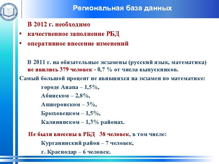 Региональная база данных В 2012 г. необходимо • качественное заполнение РБД • оперативное внесение