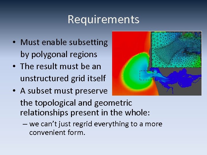 Requirements • Must enable subsetting by polygonal regions • The result must be an