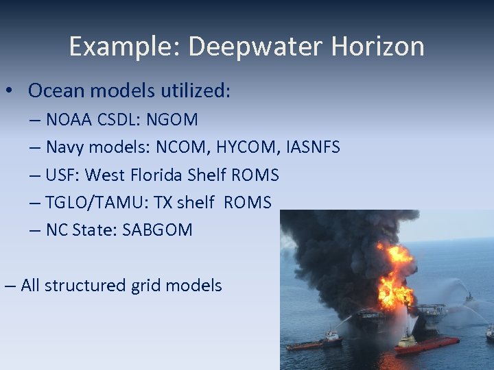 Example: Deepwater Horizon • Ocean models utilized: – NOAA CSDL: NGOM – Navy models: