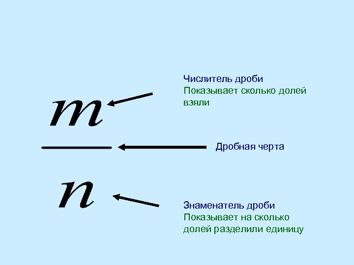 Числитель дроби Показывает сколько долей взяли Дробная черта Знаменатель дроби Показывает на сколько долей
