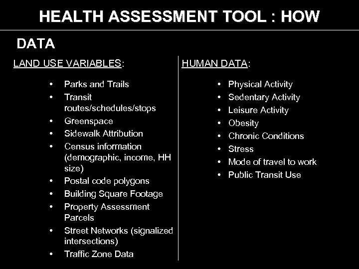 HEALTH ASSESSMENT TOOL : HOW DATA LAND USE VARIABLES: • • • Parks and