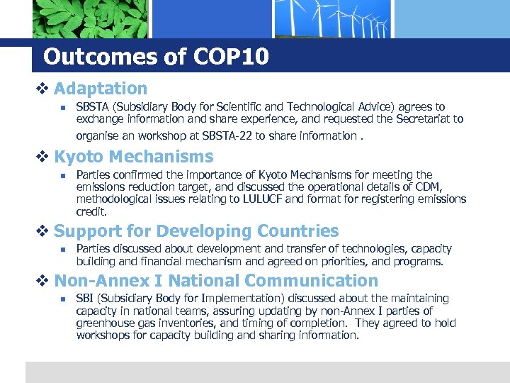 Outcomes of COP 10 v Adaptation n SBSTA (Subsidiary Body for Scientific and Technological