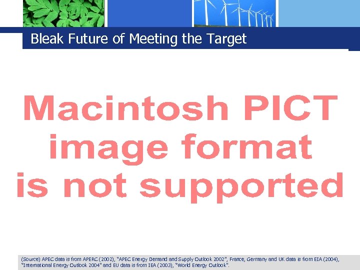 Bleak Future of Meeting the Target (Source) APEC data is from APERC (2002), “APEC