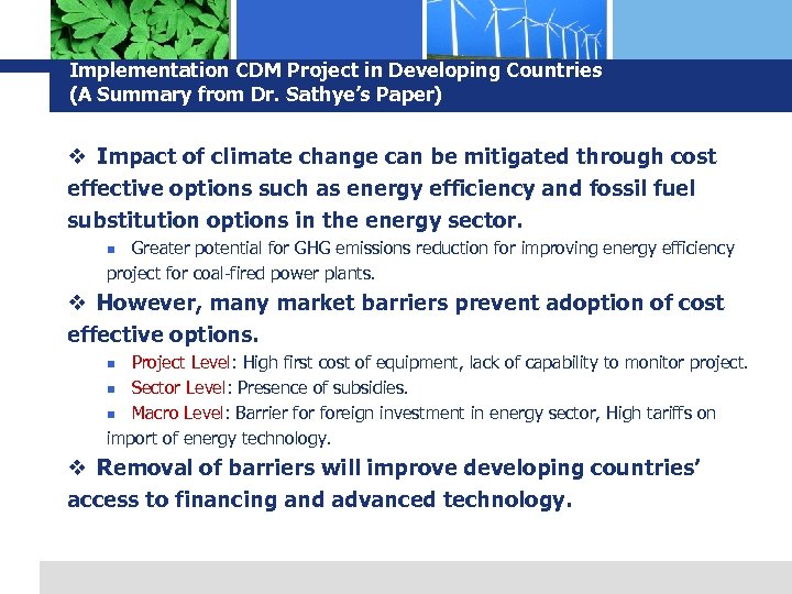 Implementation CDM Project in Developing Countries (A Summary from Dr. Sathye’s Paper) v Impact
