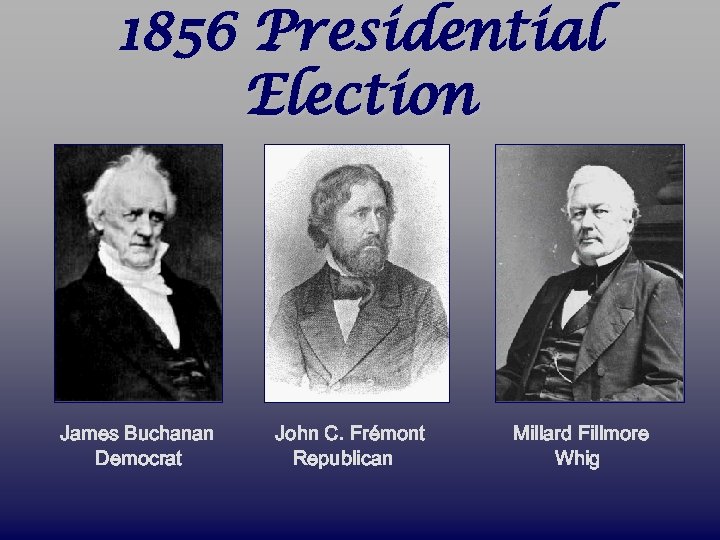 1856 Presidential Election James Buchanan Democrat John C. Frémont Republican Millard Fillmore Whig 