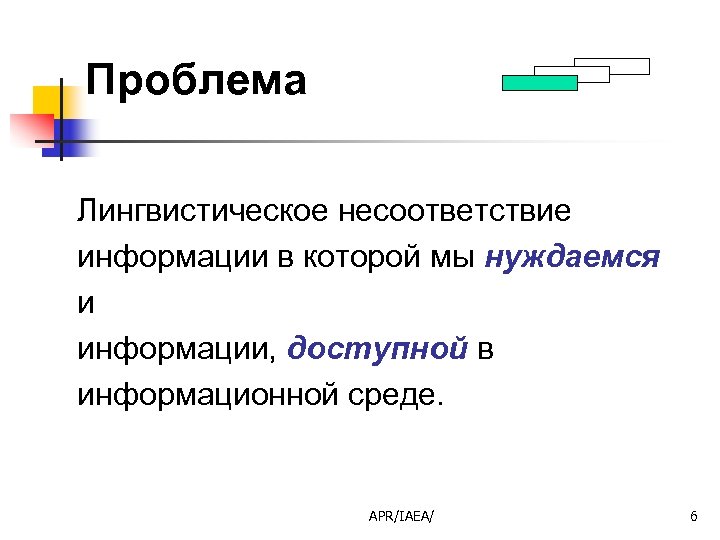 Проблема Лингвистическое несоответствие информации в которой мы нуждаемся и информации, доступной в информационной среде.