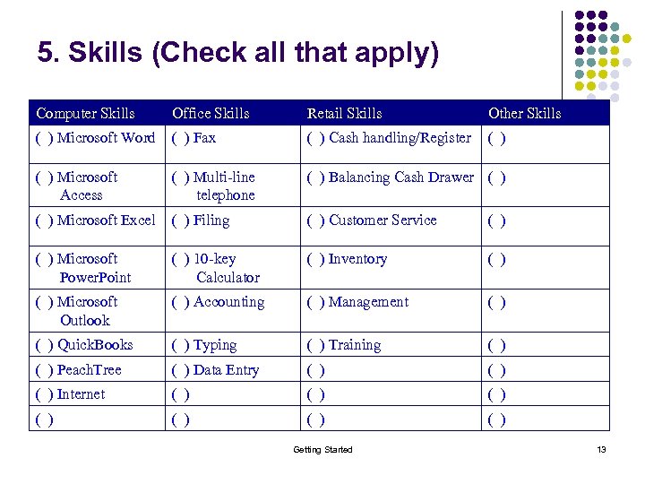 5. Skills (Check all that apply) Computer Skills Office Skills Retail Skills Other Skills