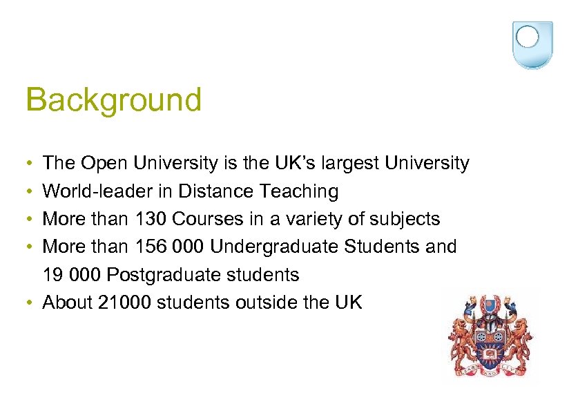Background • • The Open University is the UK’s largest University World-leader in Distance