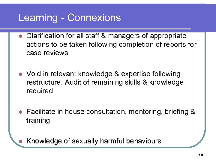 Learning - Connexions l Clarification for all staff & managers of appropriate actions to